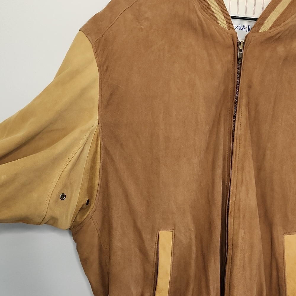 Bullock & Jones Classic Brown and Tan Leather Bomber Jacket with Ribbed Details - Picture 9 of 9